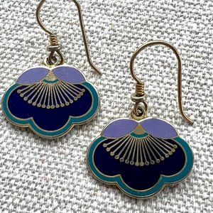 Laurel Burch Plum Blossom Gold Enamel Purple Blue and Teal Earrings
